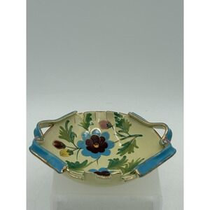 VTG Italian HandPainted Pottery Majolica Floral Dish Bowl Bow Handles Gold Italy